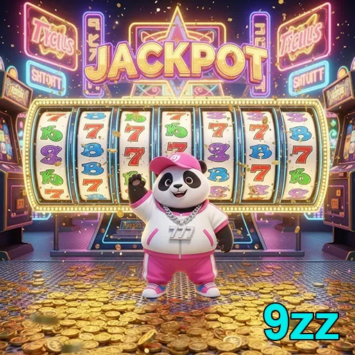 Panda sorridente em um jogo de slots no 9zz, simbolizando sorte e diversão em jackpots.